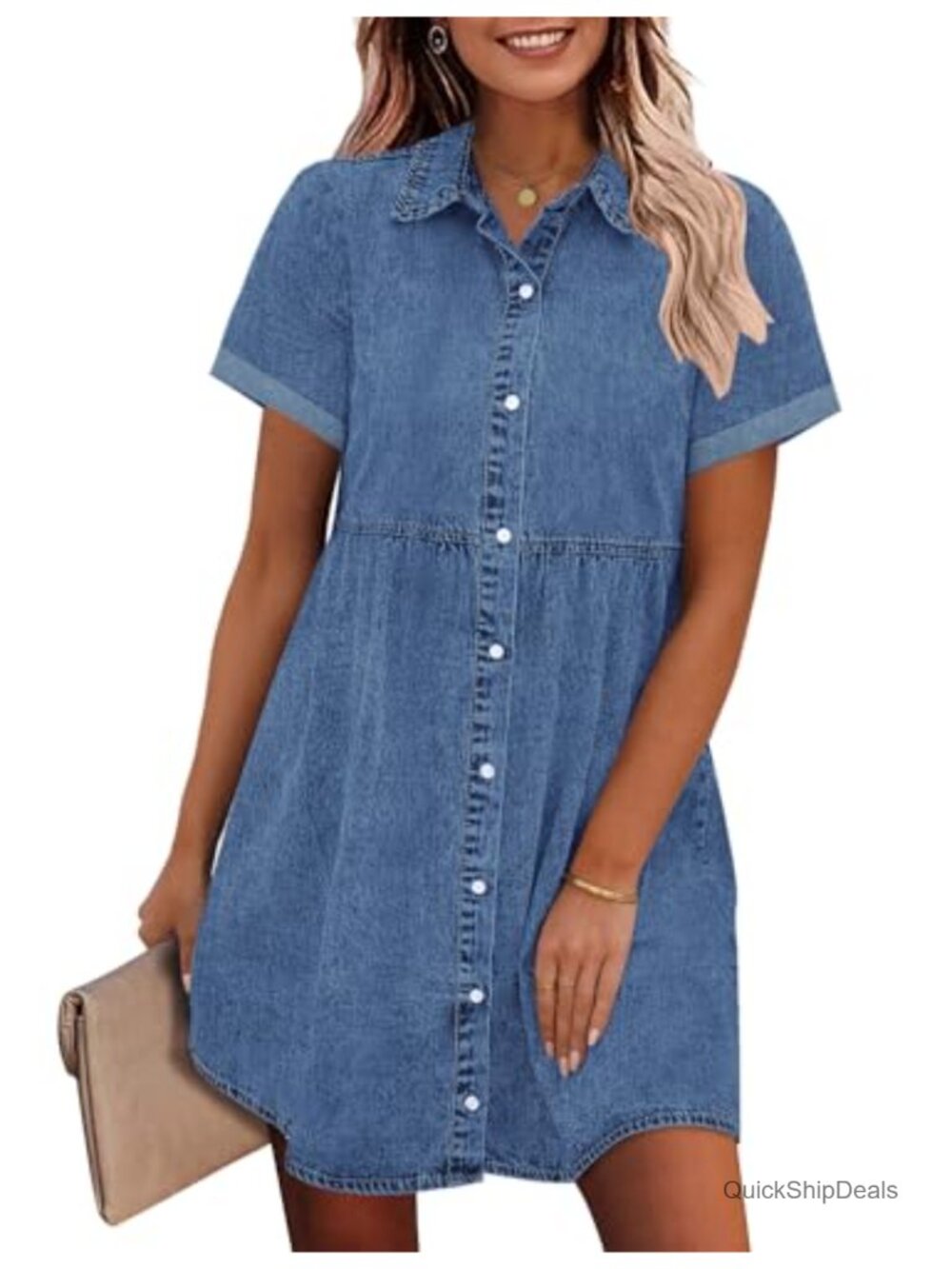 Babydoll Tiered Button Down Short Sleeve Denim Dress